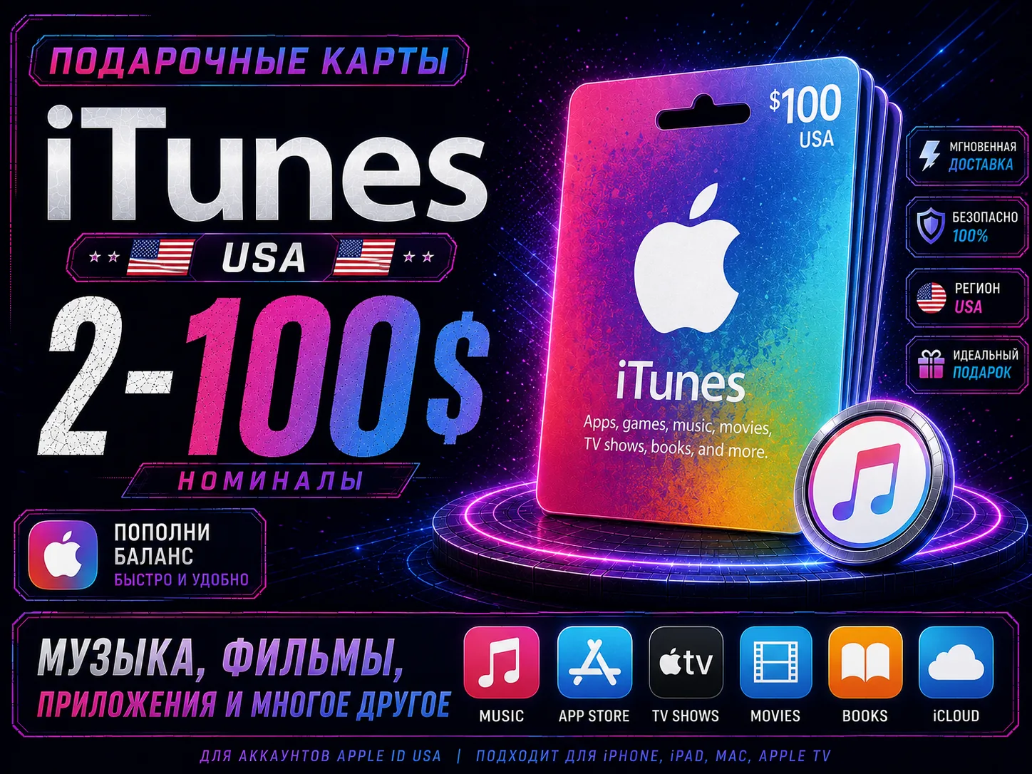 Apple iTunes (USA) 2-100$ Подарочная Карта | AppStore