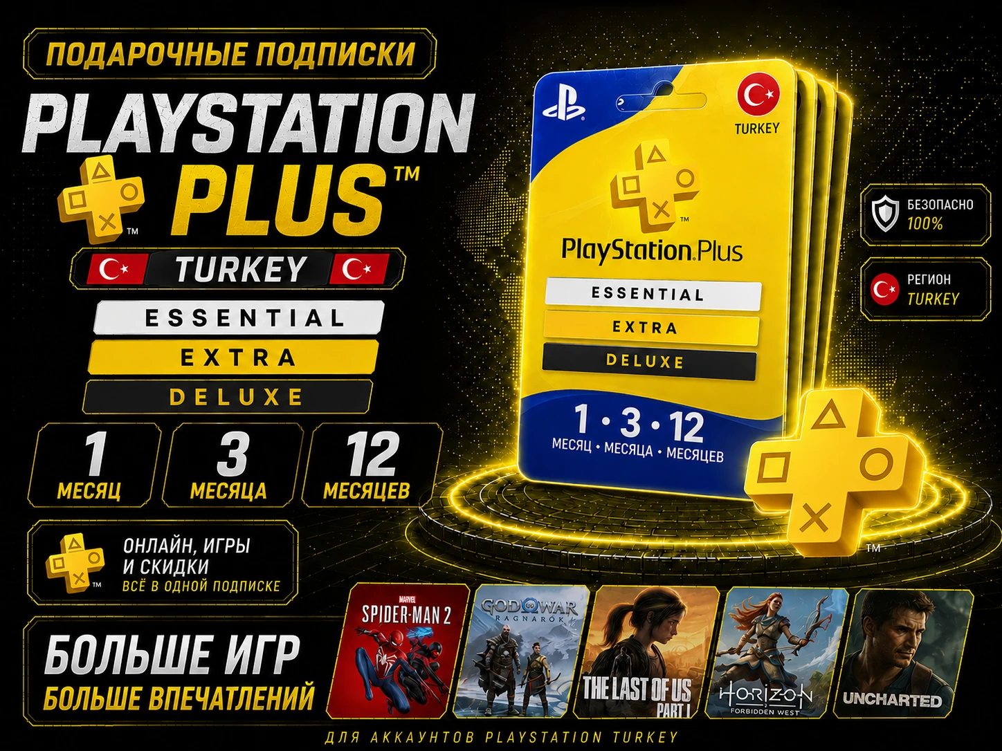 PlayStation Plus (Турция) Essential/Extra/Deluxe - 1/3/12 месяцев
