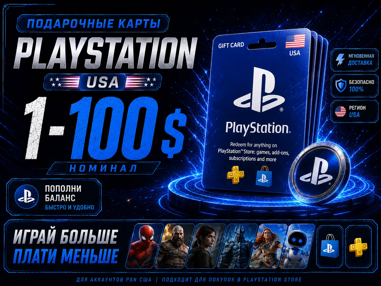 PSN (USA) 1-100$ Подарочная карта Playstation