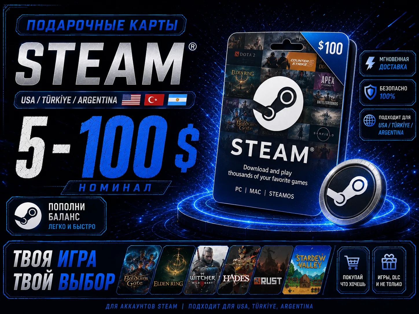 Steam 5-100$ Турция/США Подарочная карта